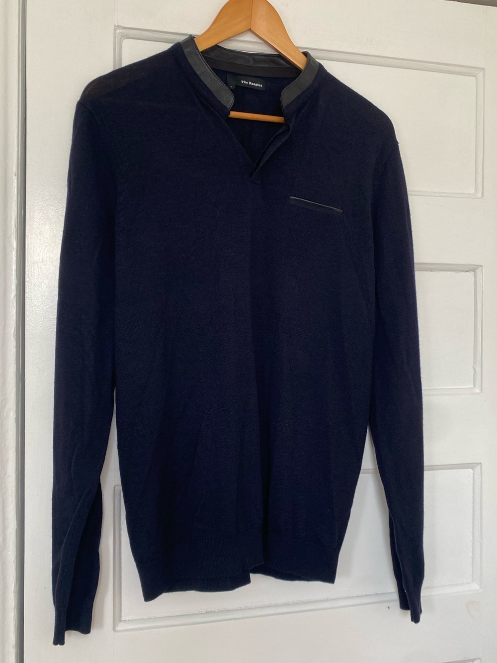 The Kooples navy wool sweater with black lamb leather-trim collar